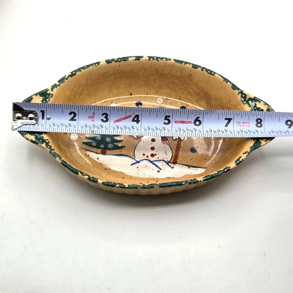 Country Snowman Stoneware Oval Casseroles Dishes - Set of 2 - Green Spongeware